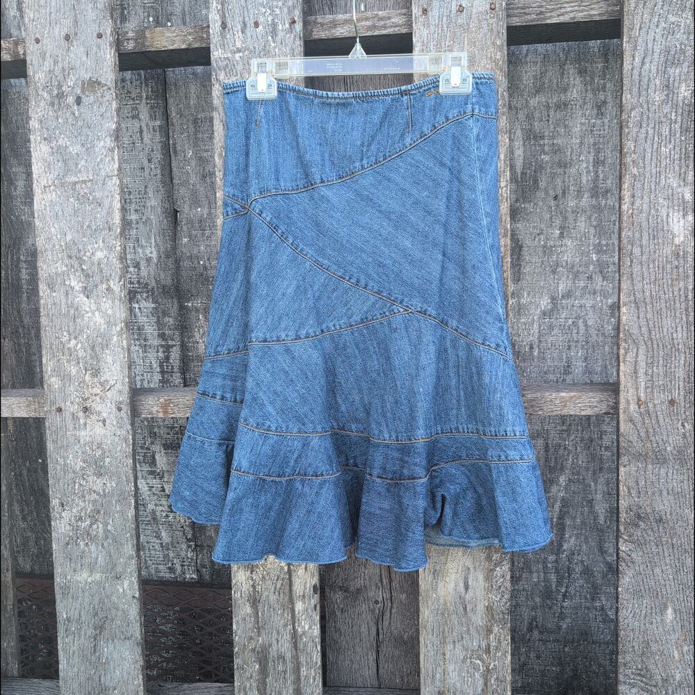 DKNY Midi Ruffle Hem Western Denim Skirt Women's 6